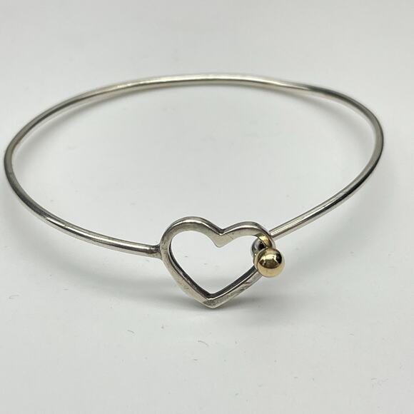 Sterling Silver 925 & 14K Heart Hook Bangle Bracelet Size 6.5" Dainty Minimalist - Picture 3 of 8